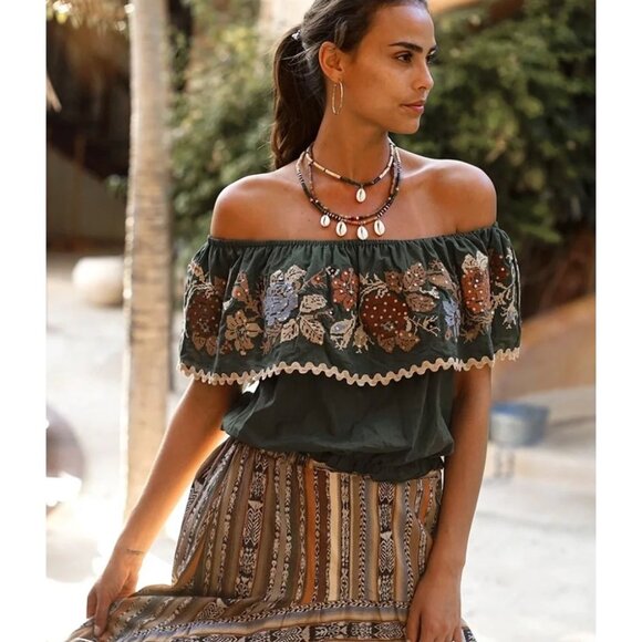 Miss June Paris Chiquita Off the Shoulder Top Green Small Needlepoint Sequins - Picture 1 of 11